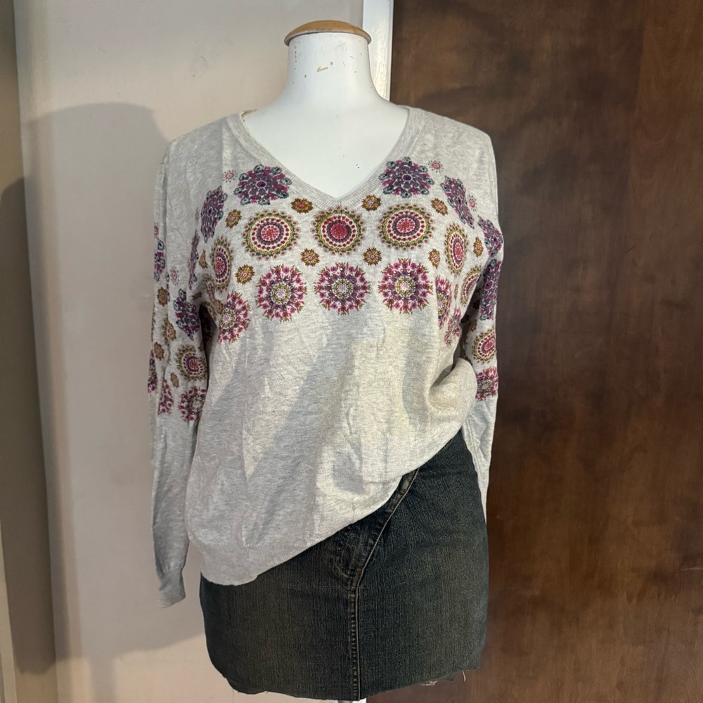 Desigual Women's Gray Geometric Paisley Sweater Pullover XS Y2K Euro Artsy